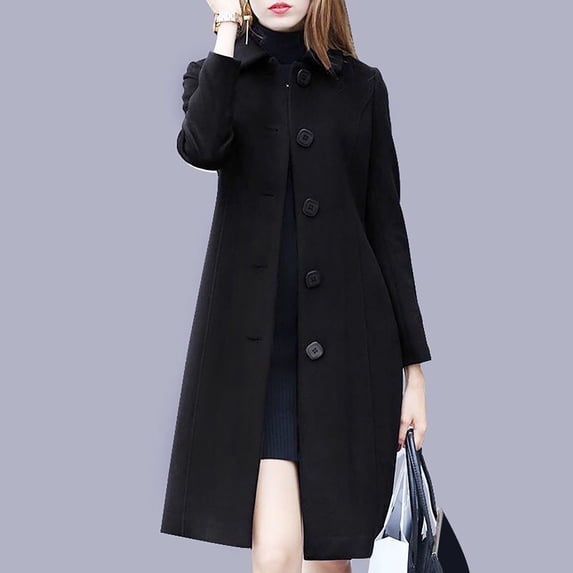 Homenesgenics Trench Coat for Women Warm Coat Faux Coat Mid-Length Winter Coat – One-Piece Long-Sleeved Casual Coat/Jacket with No Hood Black S