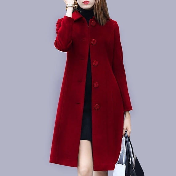 Homenesgenics Trench Coat for Women Warm Coat Faux Coat Mid-Length Winter Coat – One-Piece Long-Sleeved Casual Coat/Jacket with No Hood Red XL
