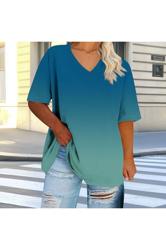 Tunic Tops for Women Plus Size Gradient Color V-Neck Short Sleeve Gradient Color Summer Base Layer T-Shirt Blue M