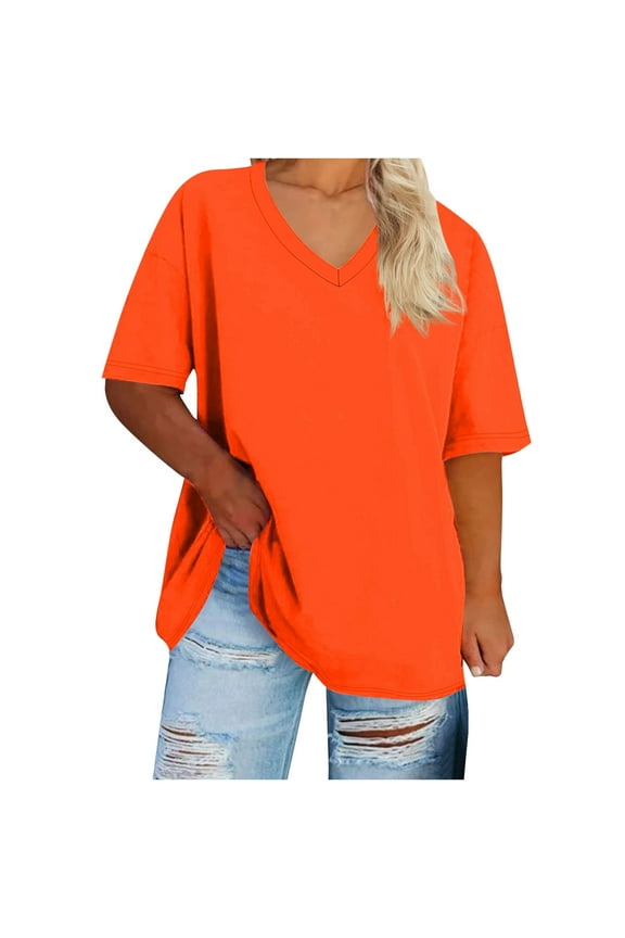 Tunic Tops for Women Plus Size V-Neck Short Sleeve Solid Color Summer Base Layer T-Shirt Orange XXL