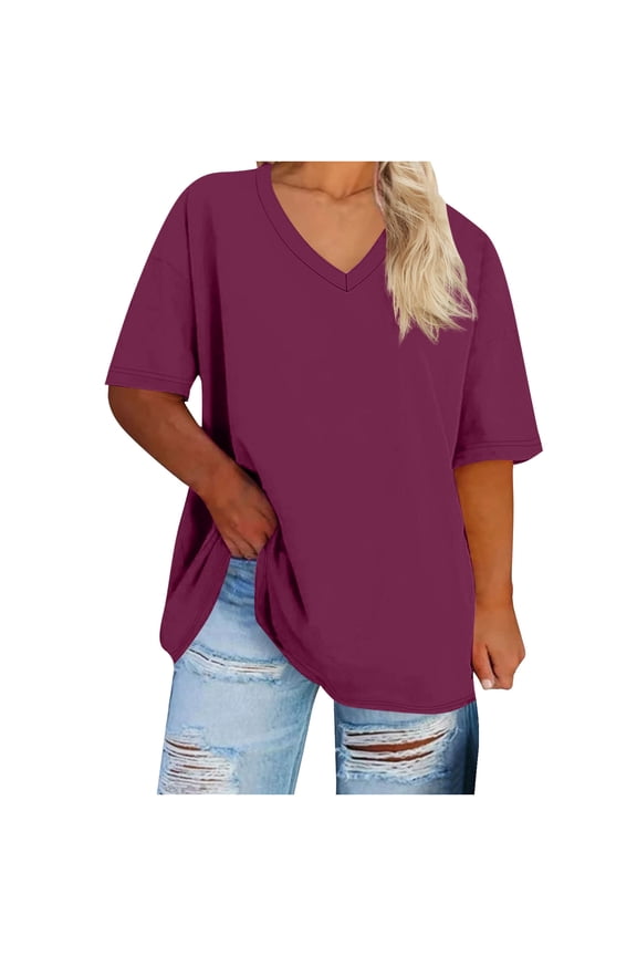Tunic Tops for Women Plus Size V-Neck Short Sleeve Solid Color Summer Base Layer T-Shirt Red S