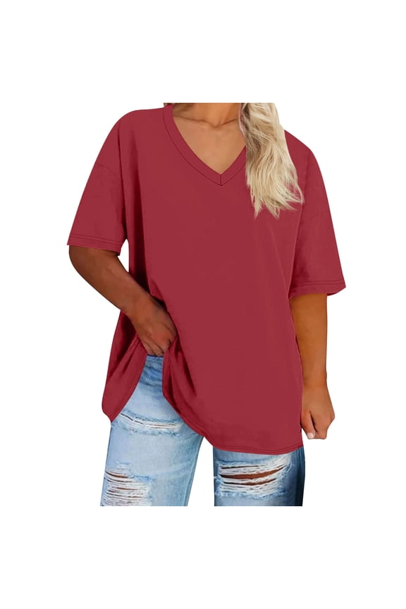 Tunic Tops for Women Plus Size V-Neck Short Sleeve Solid Color Summer Base Layer T-Shirt Red XXL