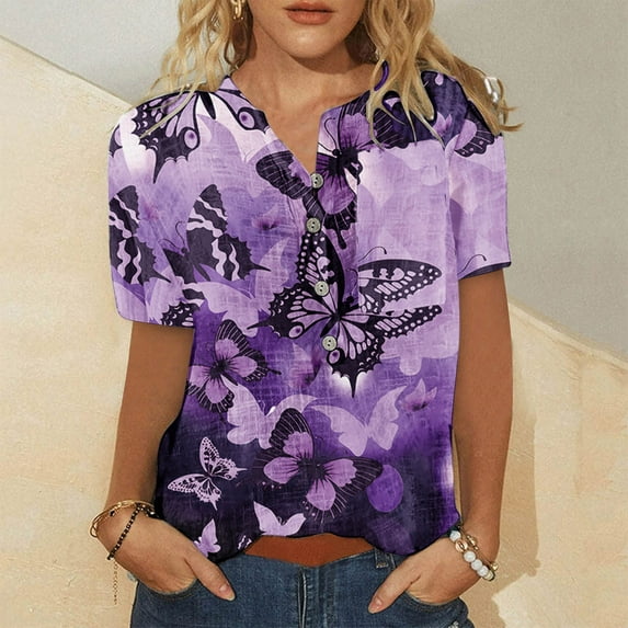 Homenesgenics Tunic Tops for Women Short Sleeve 4X Women Fashion Summer Casual Print Round Neck Loose Short Sleeve T-Shirt Top Blouse Pullover