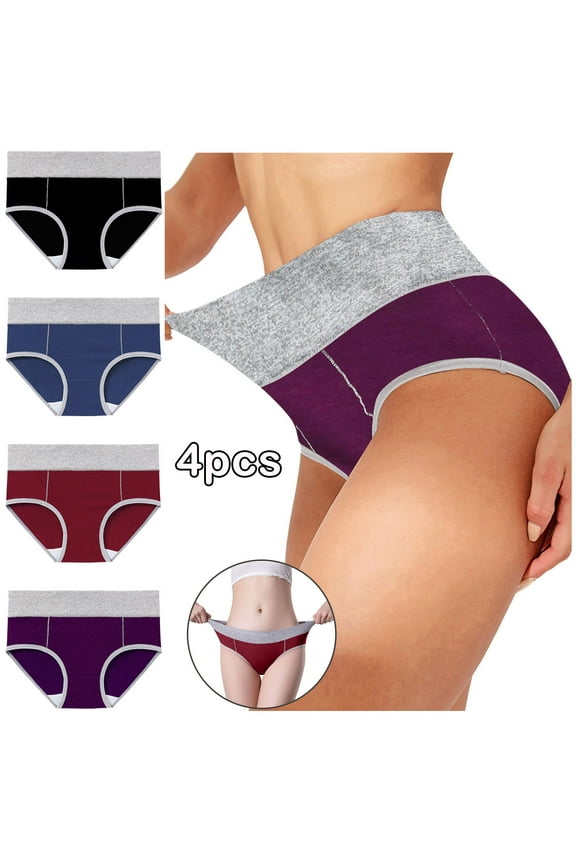Underwear for Women Clearance Under $5 Plus Size 4 Packs Solid Color Patchwork Briefs Panties High Waist Cotton U Bikini