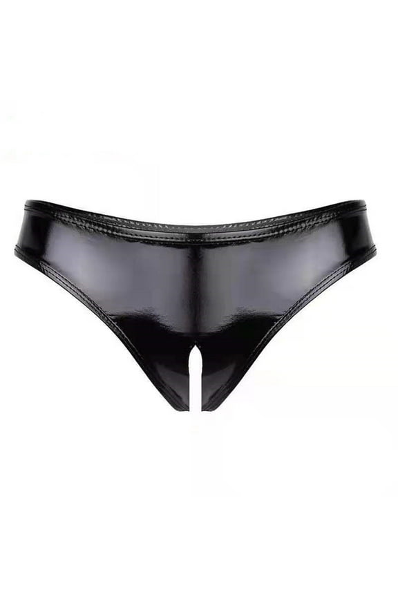 Underwear for Women Plus Size under $10 Ladies' Solid Color PVC Patent Leather Sexy Open Style Underwear Black M