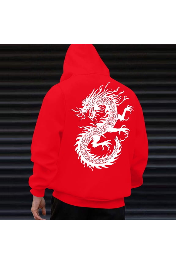 Unisex Printed Kangaroo Pocket Drawstring Long-Sleeve Hooded T-Shirt Sweatshirt Red S