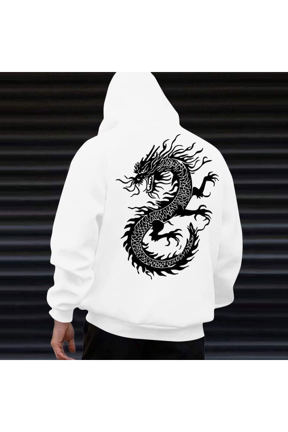 Unisex Printed Kangaroo Pocket Drawstring Long-Sleeve Hooded T-Shirt Sweatshirt White L