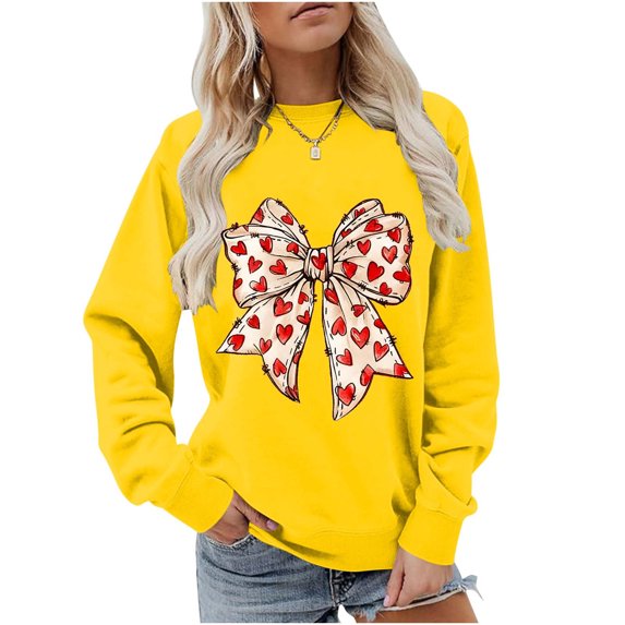 Homenesgenics Valentines Day Clothes Women Bow Heart Print Long Sleeve Round Neck Sweatshirt Sweatshirt Sweatshirt No-Cap Sweatshirt Yellow S