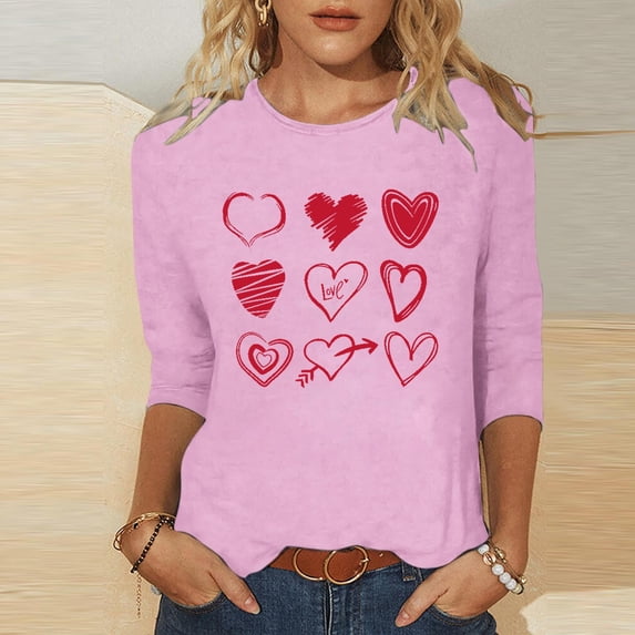 Homenesgenics Valentines Day Clothes Women Ladies' Hearted-Printed Round Neck Three Quarter Sleeve 3/4 Sleeve T-Shirt Loose Pink L