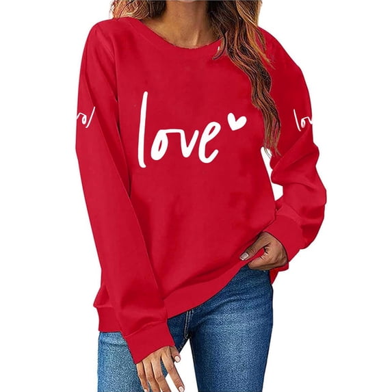 Homenesgenics Valentines Day Clothes Women Round Neck Fashion Print Long Sleeve Sweatshirt Top Red XXL