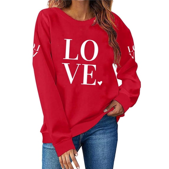 Homenesgenics Valentines Day Clothes Women Round Neck Fashion Print Long Sleeve Sweatshirt Top Red XXXL