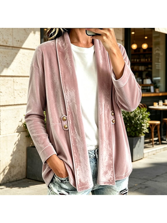 Velvet Tops for Women Fall Smooth Soft Anti-Wrinkle Warm Casual Winter Cardigan Long-Sleeve Jacket Cardigan Pink S