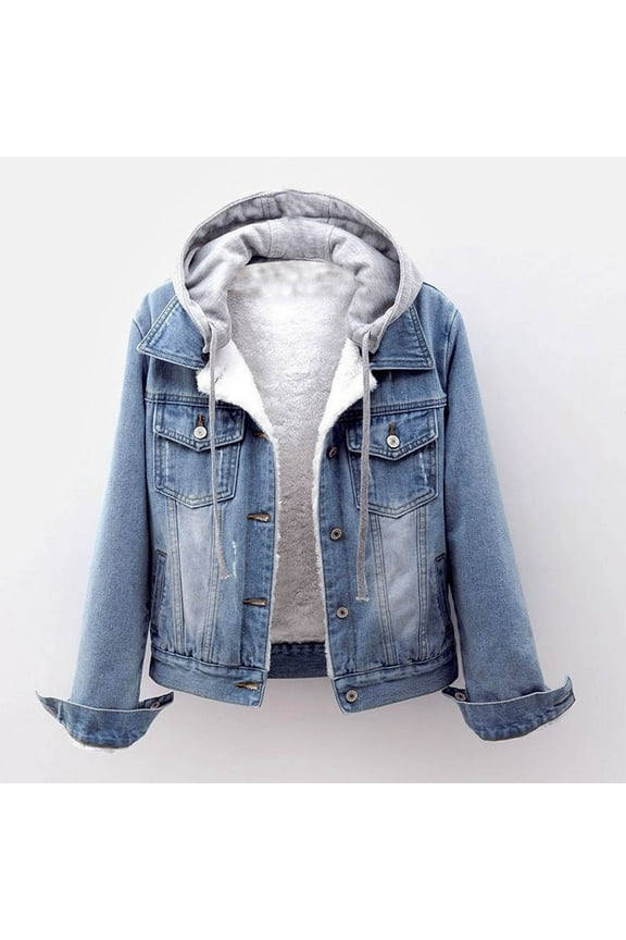 Homenesgenics Denim Jacket Women with Hood Hoodie Jean Fashion Women Plus Velvet Long-sleeve Slim-fits Hooded Jacket Blouse Coat Blue M