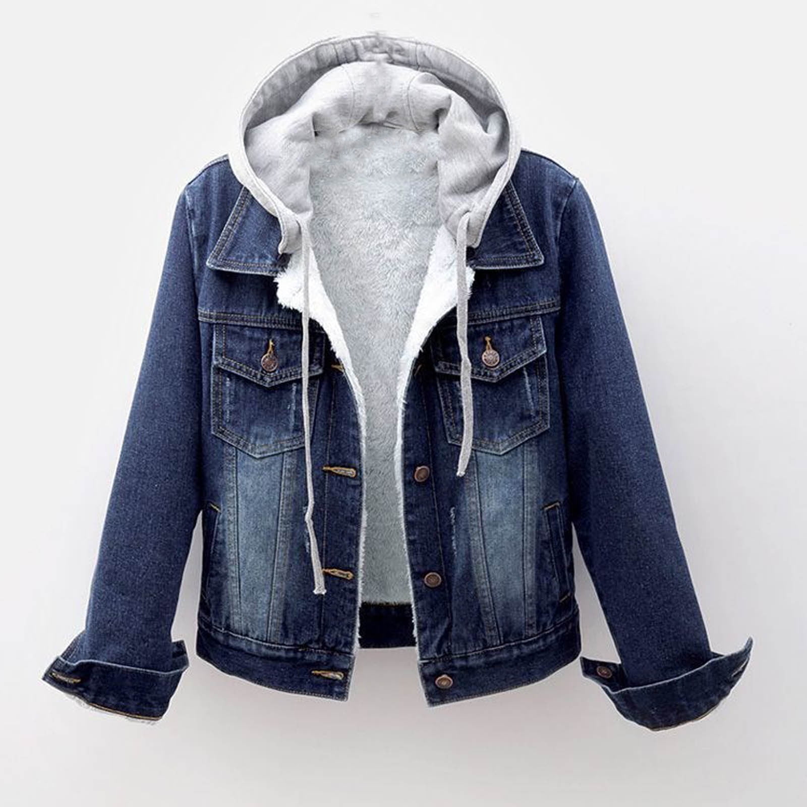 Homenesgenics Denim Jacket Women with Hood Hoodie Jean Fashion Women Plus Velvet Long-sleeve Slim-fits Hooded Jacket Blouse Coat Blue S