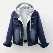 HOMENESGENICS Winter Clearance! Denim Jacket Women with Hood Hoodie Jean Fashion Women Plus Velvet Long-sleeve Slim-fits Hooded Jacket Blouse Coat Blue S