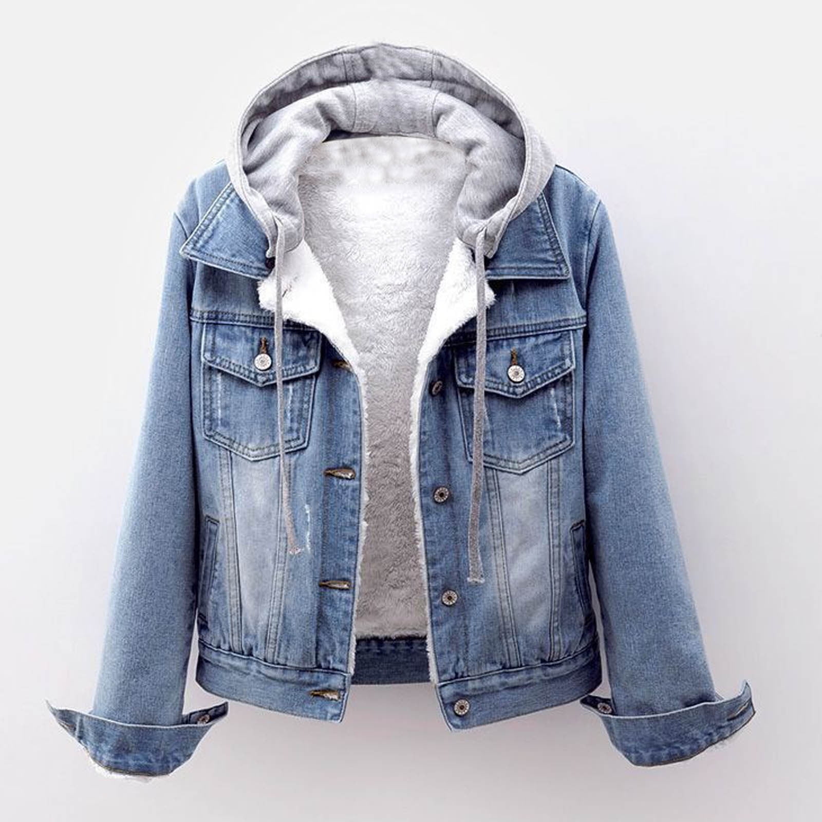 Homenesgenics Denim Jacket Women with Hood Hoodie Jean Fashion Women Plus Velvet Long-sleeve Slim-fits Hooded Jacket Blouse Coat Blue XL