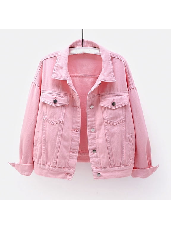 Homenesgenics Denim Jacket Women Pink Women Fall Warm Solid Long Sleeve Jacket Outerwear Pink XXXL