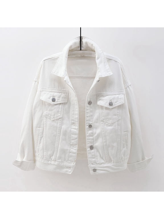 Homenesgenics Denim Jacket Women Pink Women Fall Warm Solid Long Sleeve Jacket Outerwear White S