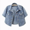 thumbnail image 1 of Homenesgenics Denim Jacket Women Short Cropped Women Short Sleeve Versatile Denim Jacket Thin Shawl Top Blue L, 1 of 3