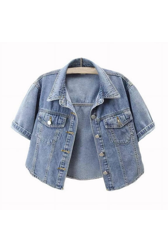 Homenesgenics Denim Jacket Women Short Cropped Women Short Sleeve Versatile Denim Jacket Thin Shawl Top Blue M