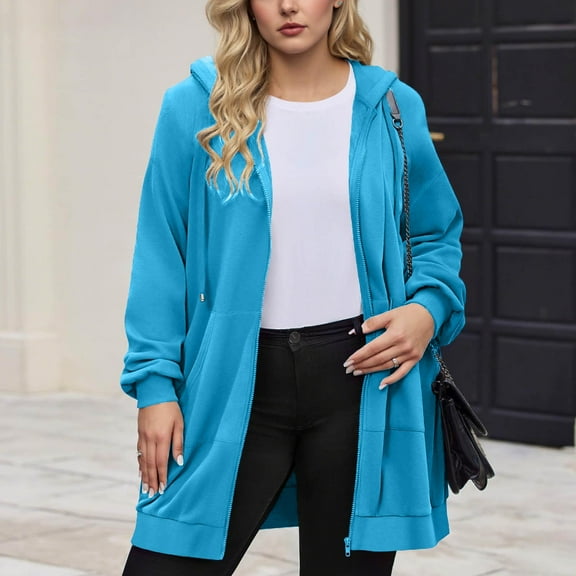 Homenesgenics Winter Fleece Lined Jacket for Women Plus Size Fashion Solid Long Sleeve Zipper Long Length Sweatshirt Thick Coat Blue M