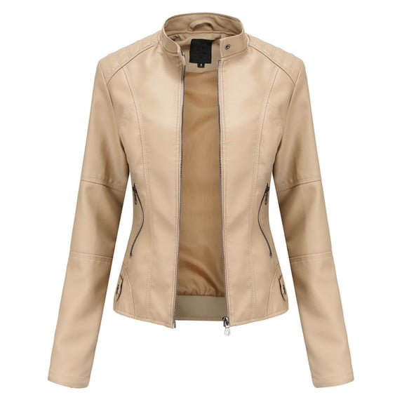 Homenesgenics Winter Clearance!Leather Jackets for Women Clearance Plus Size Black and Friday Deals New Women's Slim Leather Stand-Up Collar Zipper Stitching Solid Color Jacket Beige L