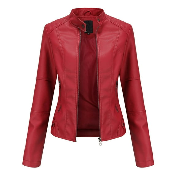 Homenesgenics Winter !Leather Jackets for Women Plus Size New Women's Slim Leather Stand-Up Collar Zipper Stitching Solid Color Jacket Red XXL