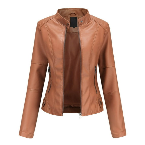 Homenesgenics Leather Jackets for Women Plus Size New Women's Slim Leather Stand-Up Collar Zipper Stitching Solid Color Jacket Brown M