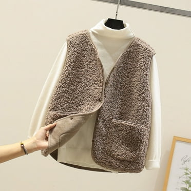 Homenesgenics Winter Clearance! Lightweight Warm Polar Soft Vests Women's Fleece Vest Women Coat Short Jacket Winter Sleeveless Fleece Button Solid Outerwear with Pocket Brown S