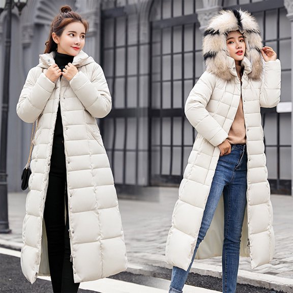 Homenesgenics Puffer Coat Fleece Coats Women Fashion Long Collar Padded Coat Slim Thick Coat Warm Cotton Down Jacket White XL