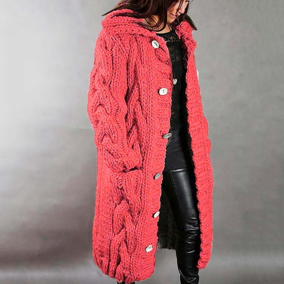 Homenesgenics Puffer Coat Fleece Coats Women Hood Cardigan Large Size Sweater Pocket Single Breasted Long Sleeves Coat Red S