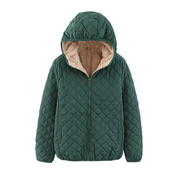 Homenesgenics Puffer Coat Fleece Coats Women's Fashion Casual Hood Color Long Sleeve Loose Coat Green S