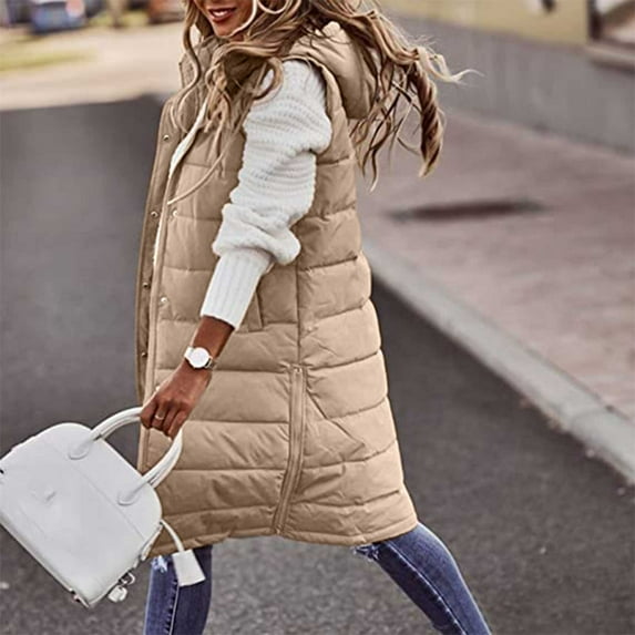 Homenesgenics Puffer Coat Fleece Coats Women's Solid Color Hooded Single-Breasted Mid-length Padded Vest Sleeveless Pocket Jacket Brown XL