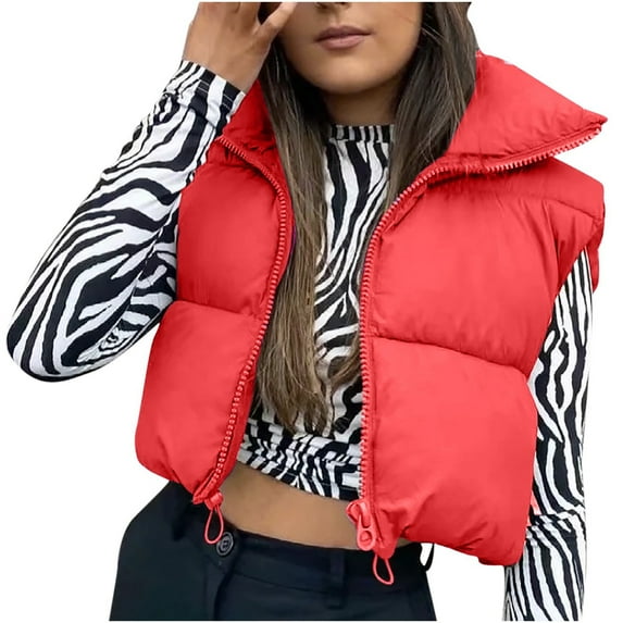Homenesgenics Puffer Vest for Women Plus Size Cropped Women's Winter Crop Vest Lightweight Sleeveless Warm Outerwear Vest Padded Gilet Tops Coat Red S
