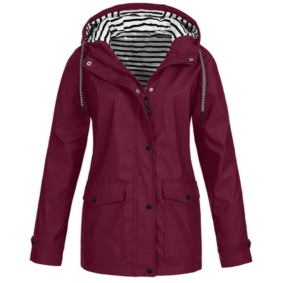 Homenesgenics Scrub Jackets for Woman Plus Size Women Solid Rain Jacket Outdoor Plus Size Hooded Raincoat Windproof Red M