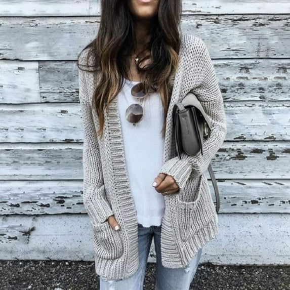 Homenesgenics Sweater Cardigan Knit Plus Size Women's Solid Color Knitted Pocket Cardigan Sweater Loose Knit Cardigan Jacket Gray M