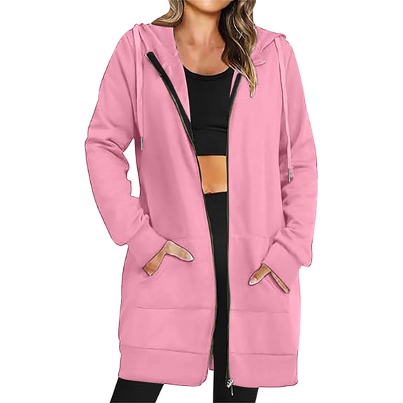 Homenesgenics Winter ! Sweatshirts for Women under $10.00 Long Length Women's Solid Color Hoodie Zipper Long Sleeve Sweatshirts Long Coat Tops with Pockets