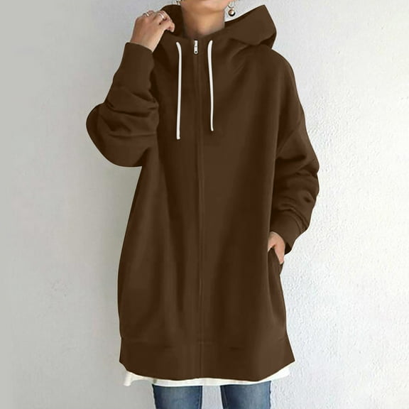 Homenesgenics Winter ! Sweatshirts for Women under $10.00 Long Length Women's Solid Color Hoodie Zipper Long Sleeve Sweatshirts Long Coat Tops with Pockets