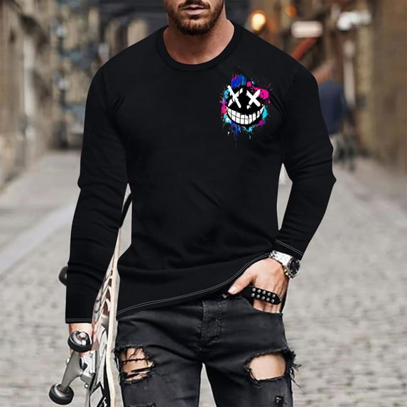 Homenesgenics Winter for Men under $25 Mens Graphic T Shirts Graphic Long Sleeved Top Long Sleeved Round Neck Top/shirt Black S