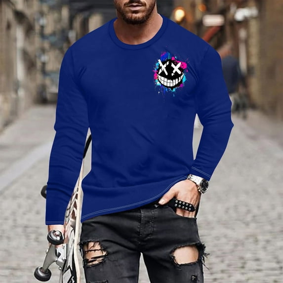 Homenesgenics Winter for Men under $25 Mens Graphic T Shirts Graphic Long Sleeved Top Long Sleeved Round Neck Top/shirt Blue XL