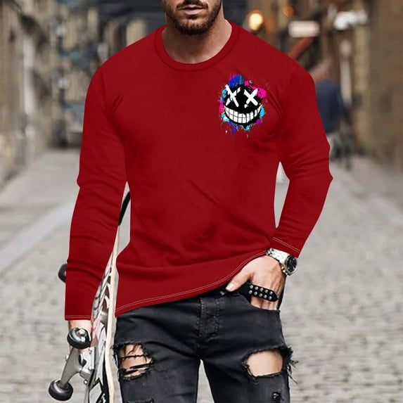 Homenesgenics Winter for Men under $25 Mens Graphic T Shirts Graphic Long Sleeved Top Long Sleeved Round Neck Top/shirt Red XXXXL