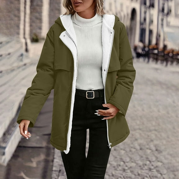 Homenesgenics Winter Clothes for Women Fleece Lined Jackets for Women Long Sleeve Hooded Pocket Solid Color Mid-length Warm Plush Coat Green M