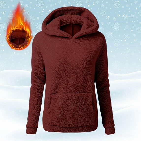 Homenesgenics Winter Clothes for Women Plus Size Women Solid Color Teddy Bear Coat Long Sleeved Casual Hooded Fleece Jackets Black*Friday/Cyber*Monday Red S