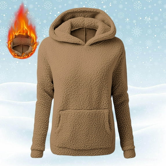 Homenesgenics Winter Clothes for Women Plus Size Women Solid Color Teddy Bear Coat Long Sleeved Casual Hooded Fleece Jackets Brown S