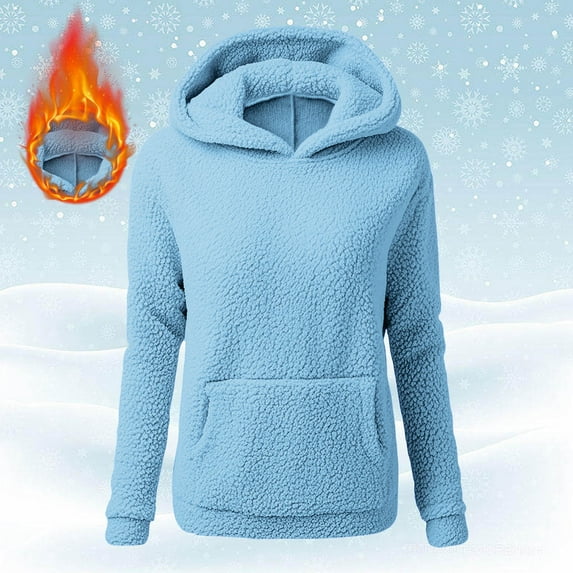 Homenesgenics Winter Clothes for Women Plus Size Women Solid Color Teddy Bear Coat Long Sleeved Casual Hooded Fleece Jackets Blue L