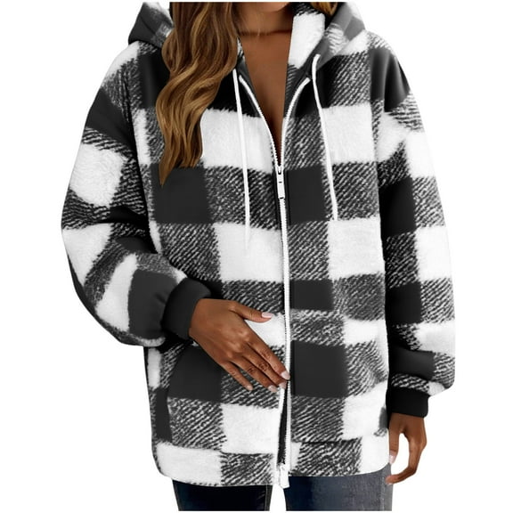 Homenesgenics Winter Clothes for Women Plus Size Women's Fall and Winter Fleece Flannel Jackets Zipper Hooded Coat with Pocket Black M