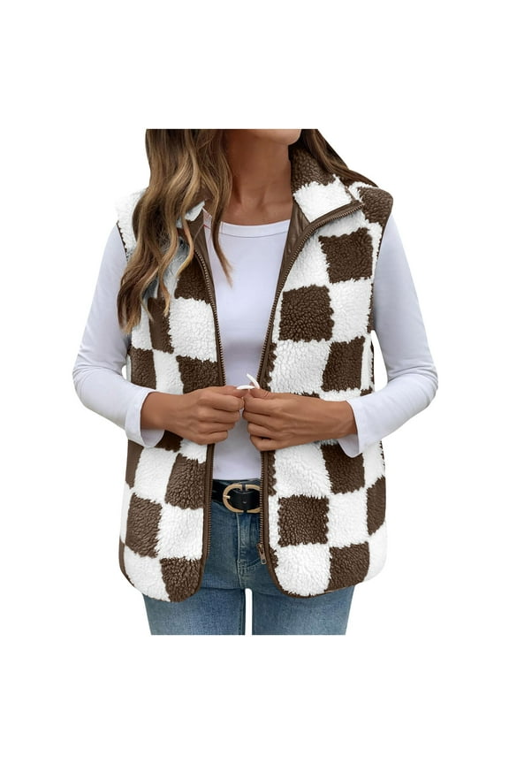 Winter Clothes for Women Plus Size Women's Plaid Check Lambskin Lapel Zipper Pocketless Sleeveless Casual Jacket Vest Brown XXL