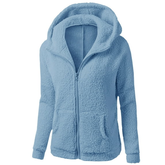 Homenesgenics Winter Clothes for Women Cute Fleece Jackets Women Hooded Sweater Coat Warm Wool Zipper Coat Long Sleeve Outerwear Blue S