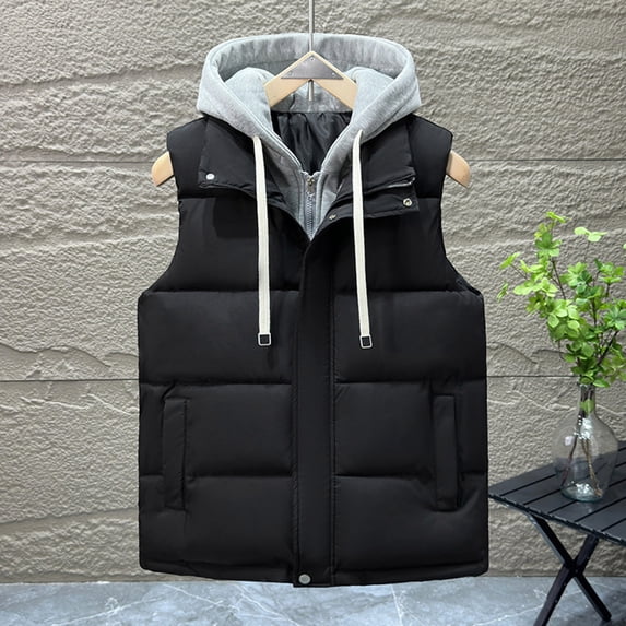 Homenesgenics Winter Coat Winter Clothes Men's Solid Color Sleeveless Hooded Zipper Cardigan Warm Jacket Black XXXXXL