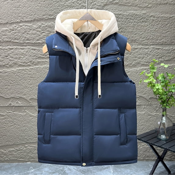 Homenesgenics Winter Coat Winter Clothes Men's Solid Color Sleeveless Hooded Zipper Cardigan Warm Jacket Blue XXL